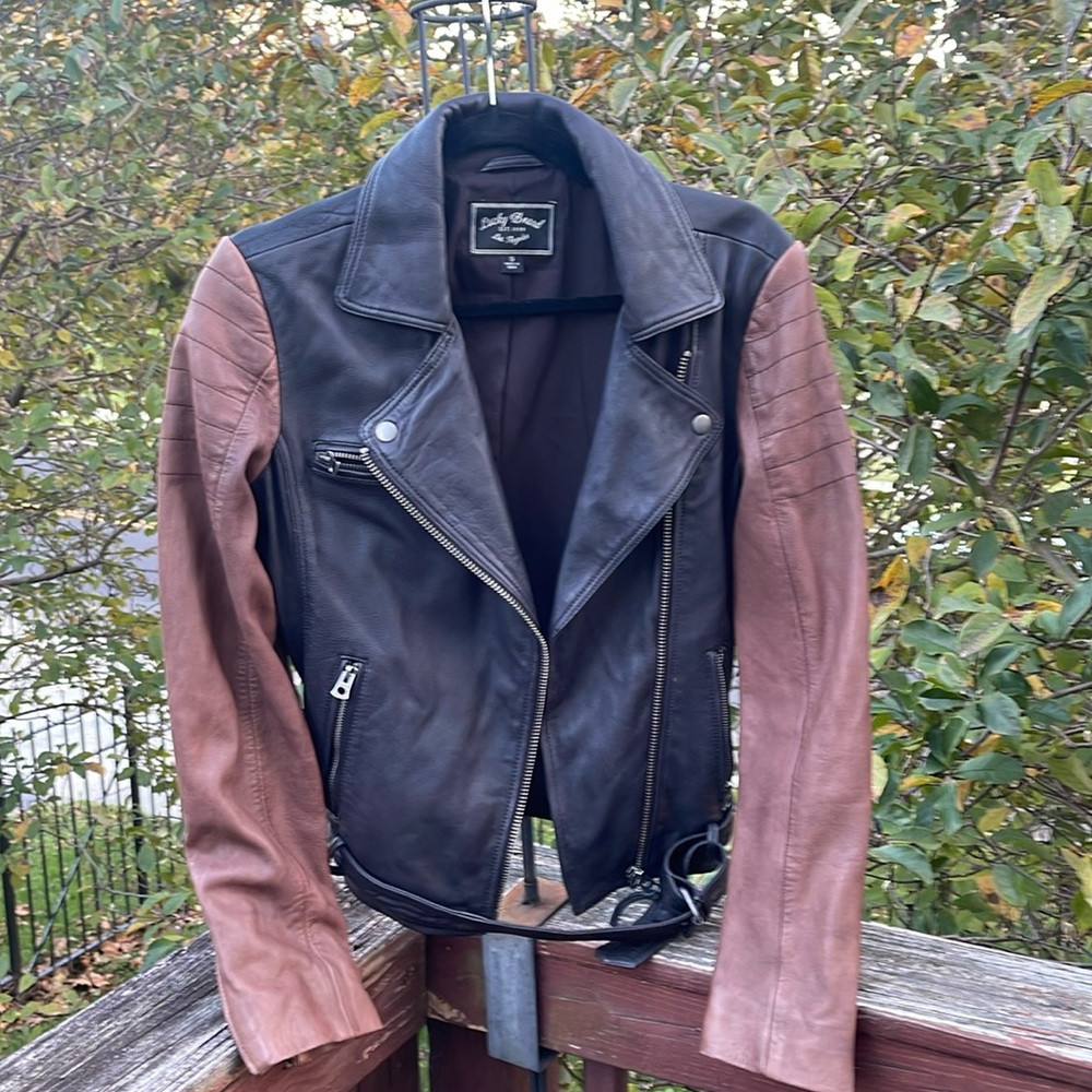 LUCKY BRAND 100% Lamb Leather Black Brown Moto Biker Women Jacket w Belt Small
